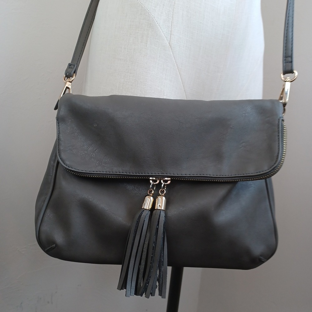 Gray Foldover Crossbody Bag Tassel Detail Leopard Print Lining Vegan Leather